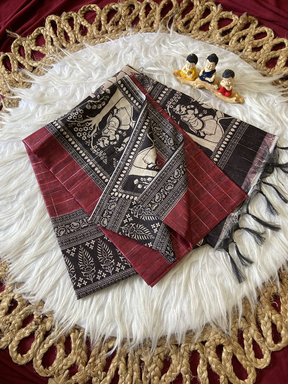 Maroon Semi Tussar Silk Printed Saree