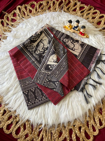 Maroon Semi Tussar Silk Printed Saree