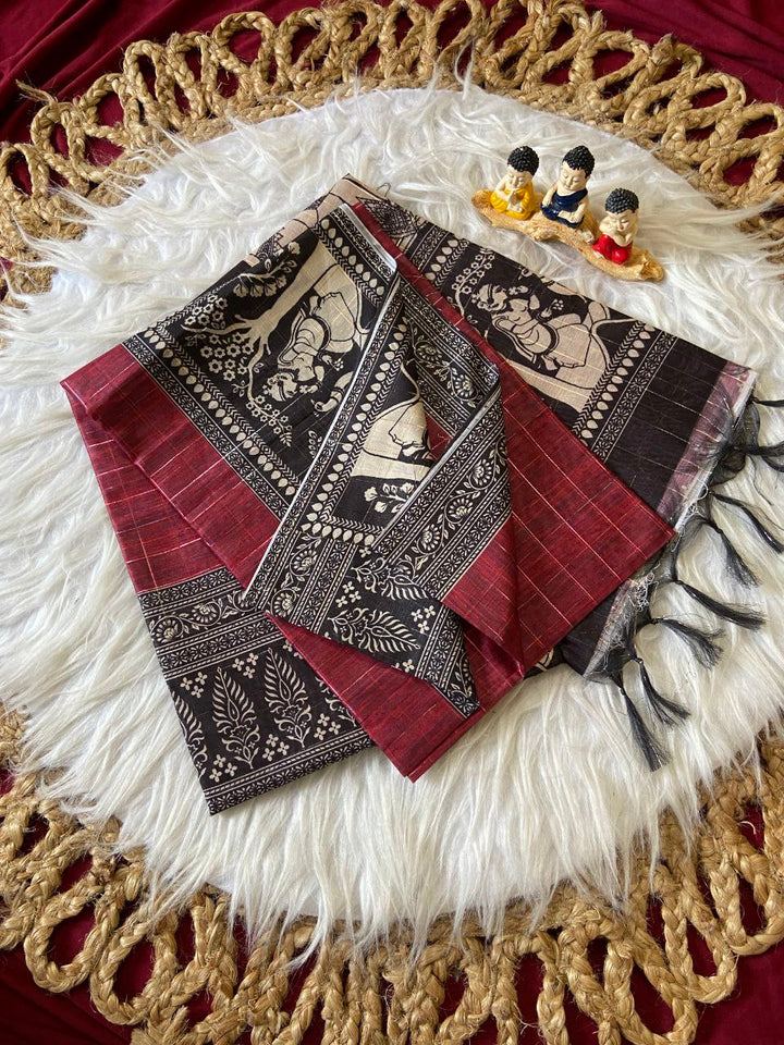 Maroon Semi Tussar Silk Printed Saree