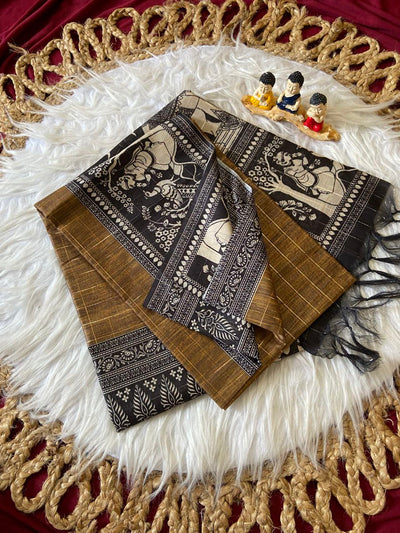 Mustard Brown Semi Tussar Silk Printed Saree