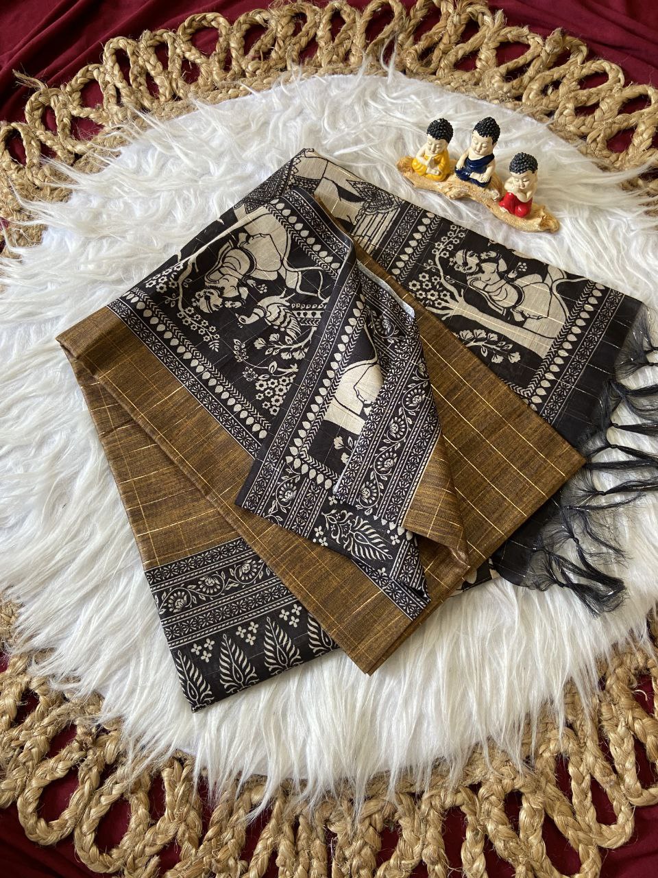Mustard Brown Semi Tussar Silk Printed Saree