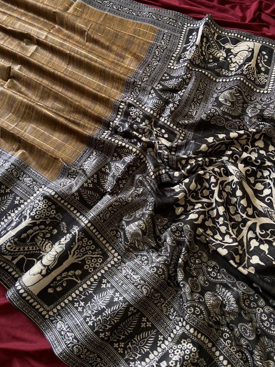 Mustard Brown Semi Tussar Silk Printed Saree, view 2
