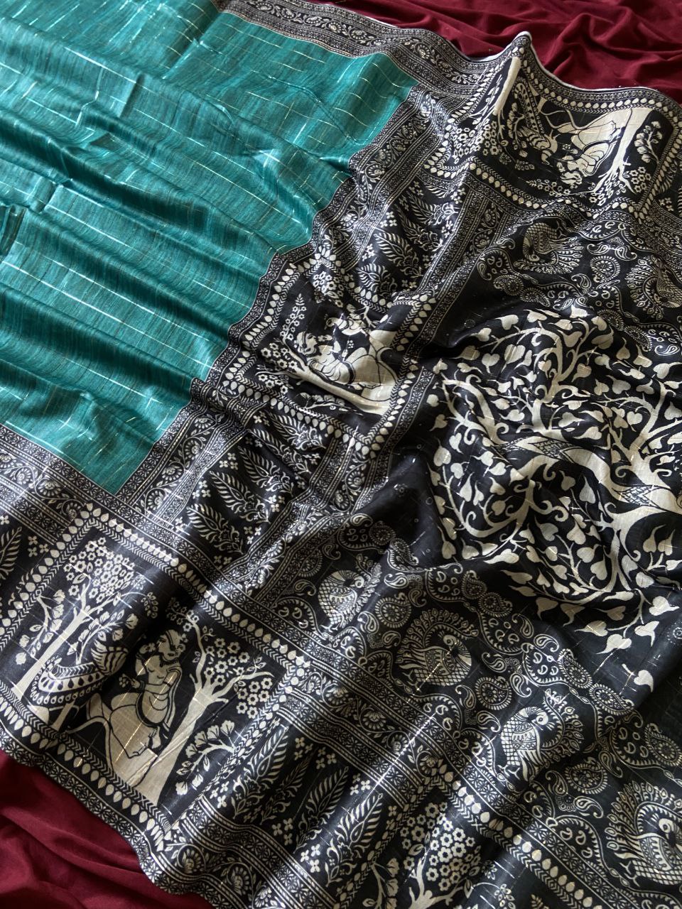 Teal Green Semi Tussar Silk Printed Saree, view 2