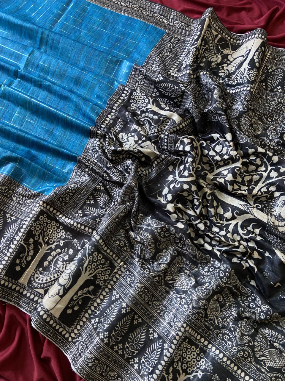 Blue Semi Tussar Silk Printed Saree, view 2