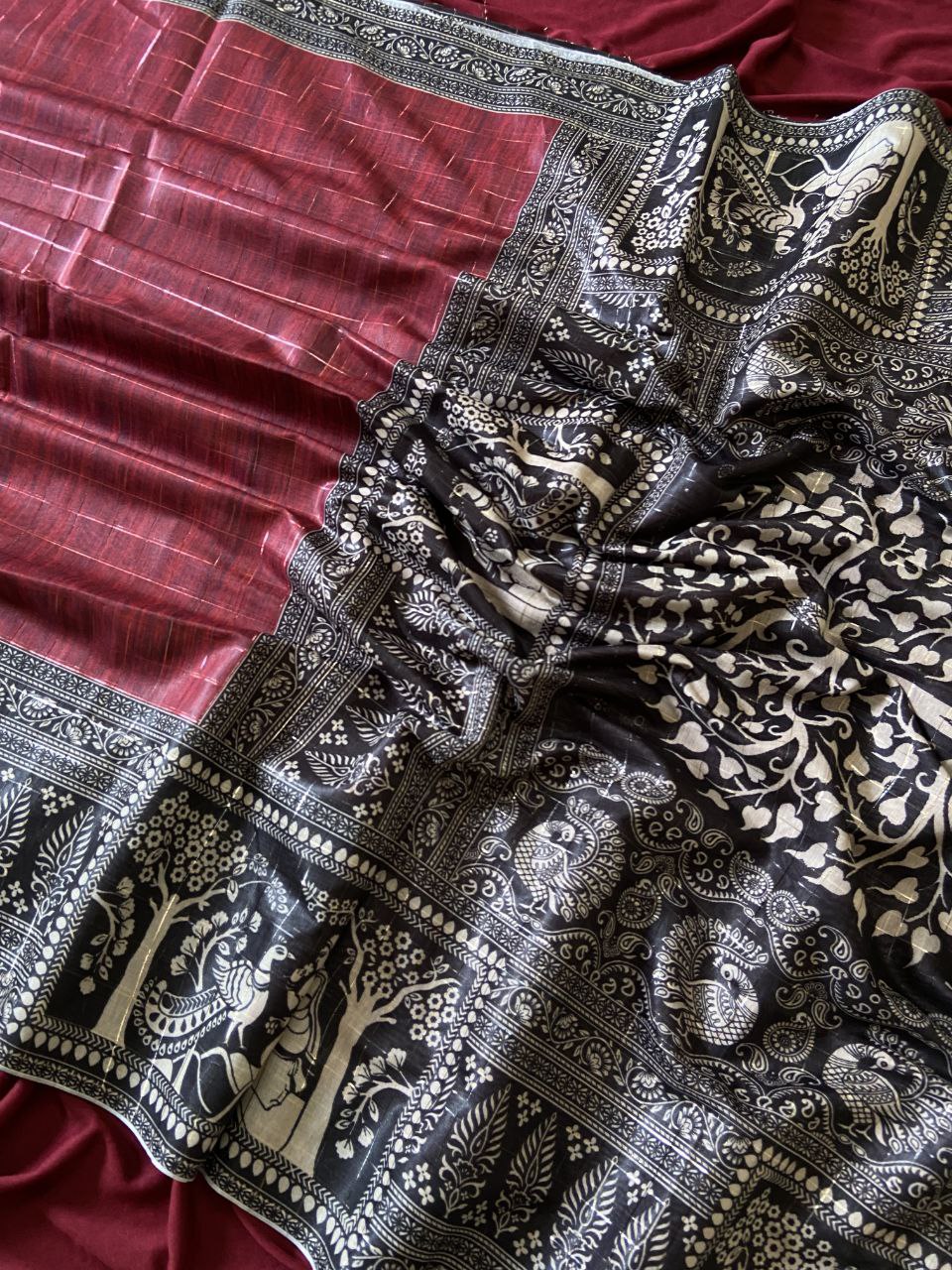 Maroon Semi Tussar Silk Printed Saree