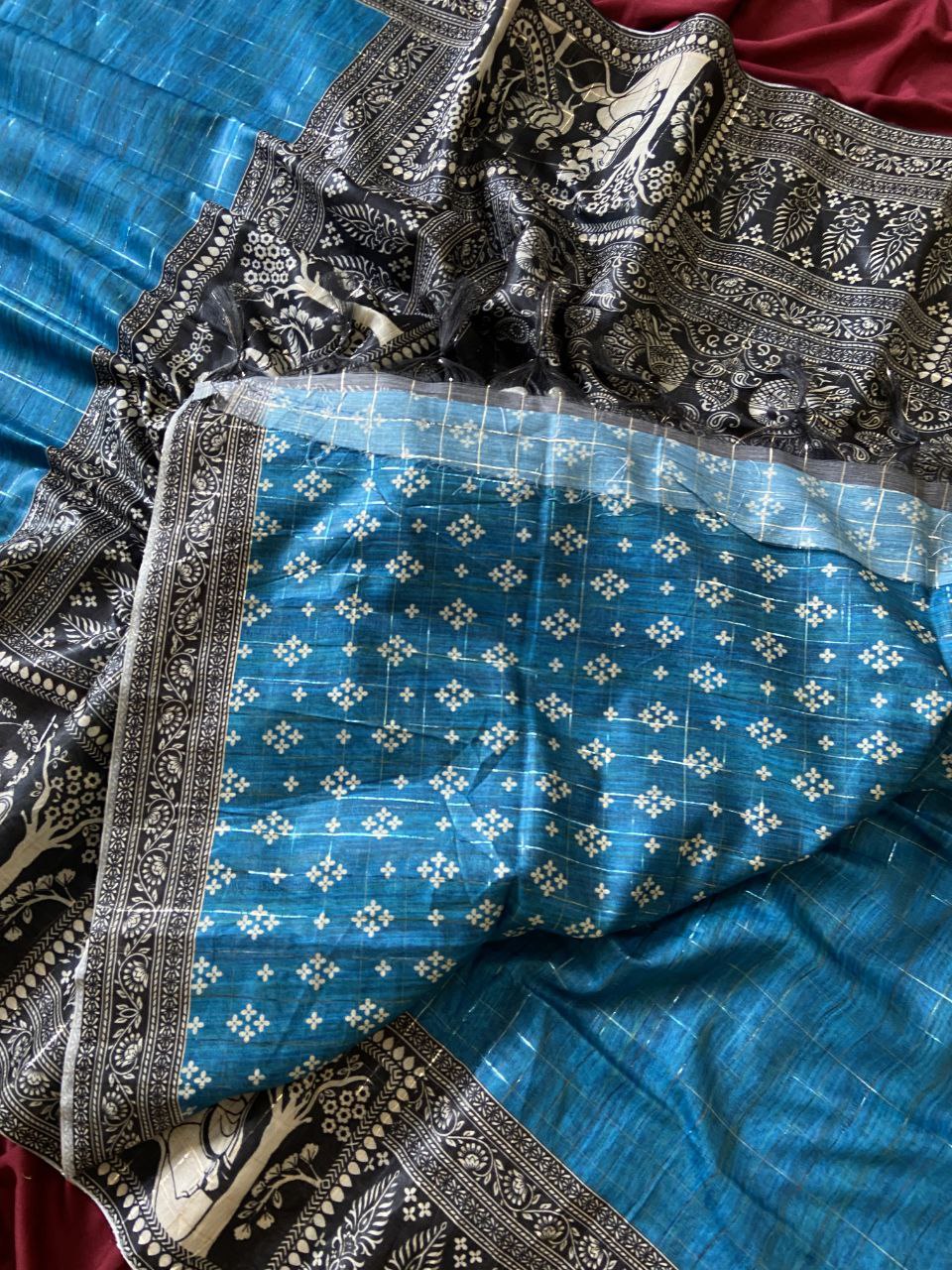 Blue Semi Tussar Silk Printed Saree, view 3