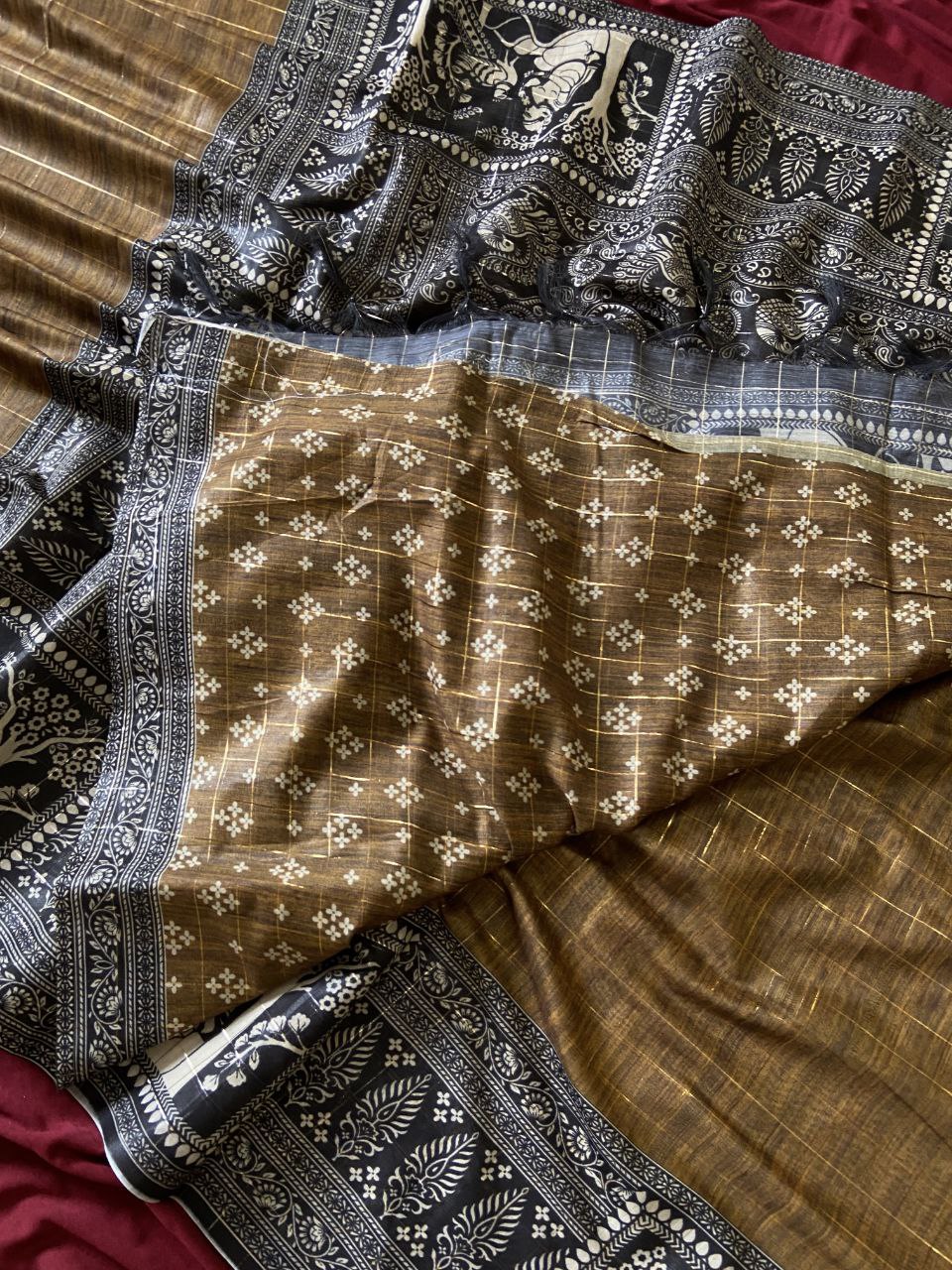 Mustard Brown Semi Tussar Silk Printed Saree, view 3