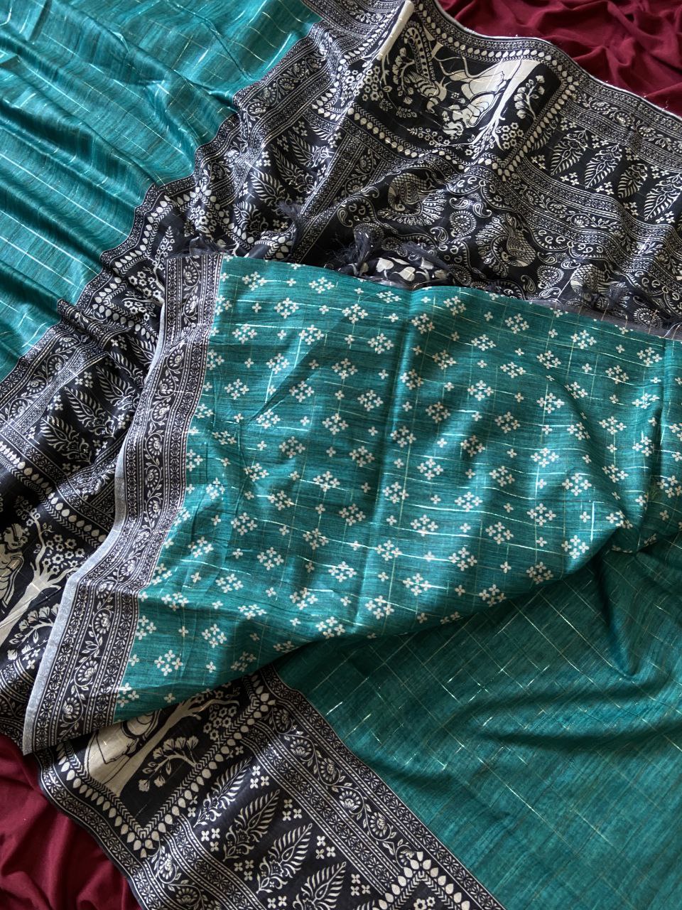 Teal Green Semi Tussar Silk Printed Saree, view 3