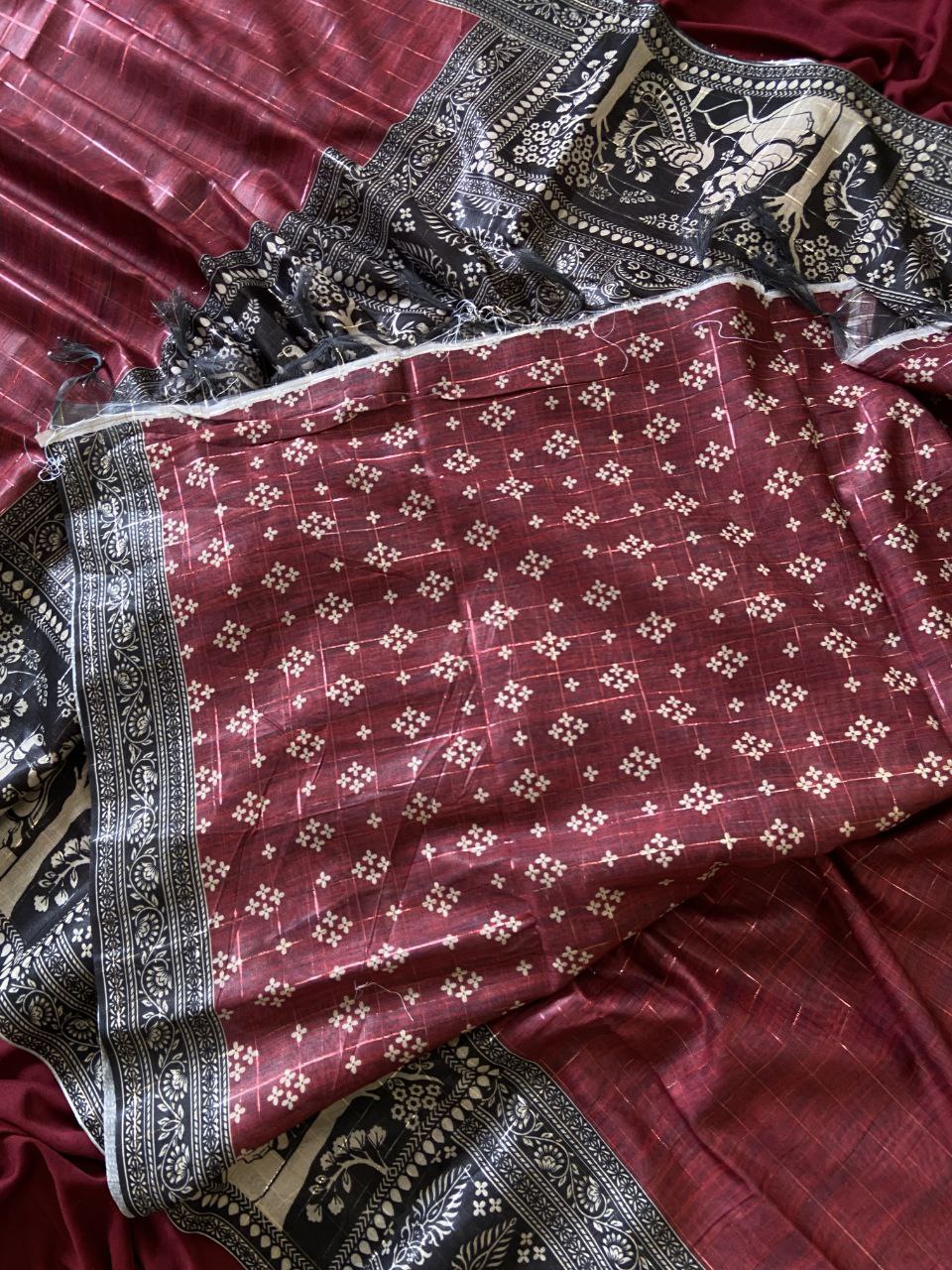 Maroon Semi Tussar Silk Printed Saree, view 3