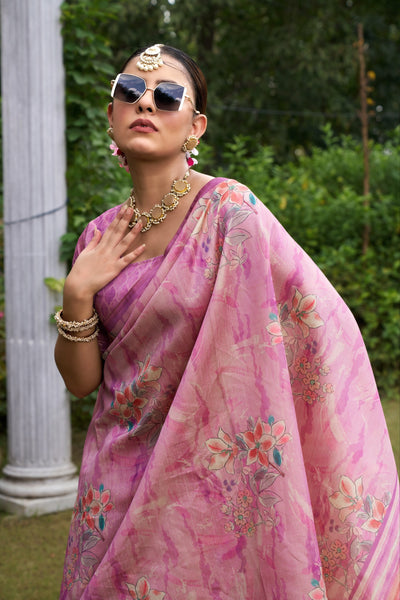 Rose Pink Tussar Silk Zari Line Saree
