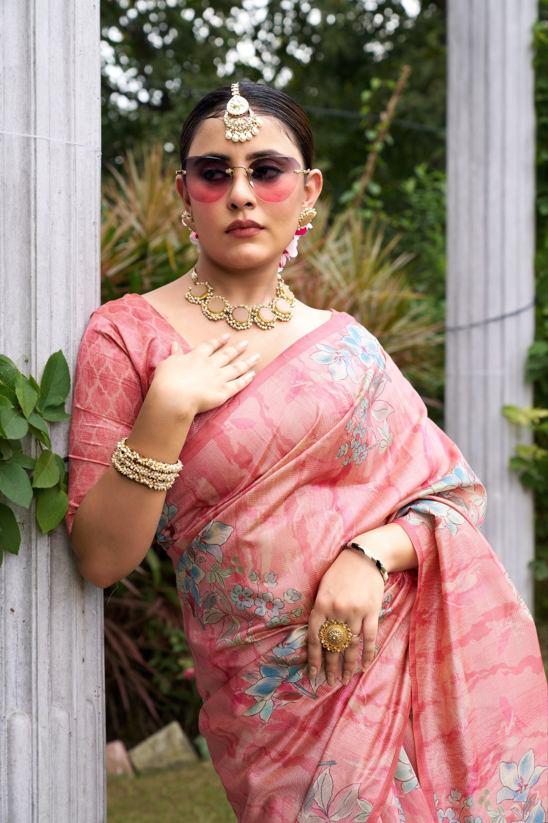 Coral Tussar Silk Zari Line Saree