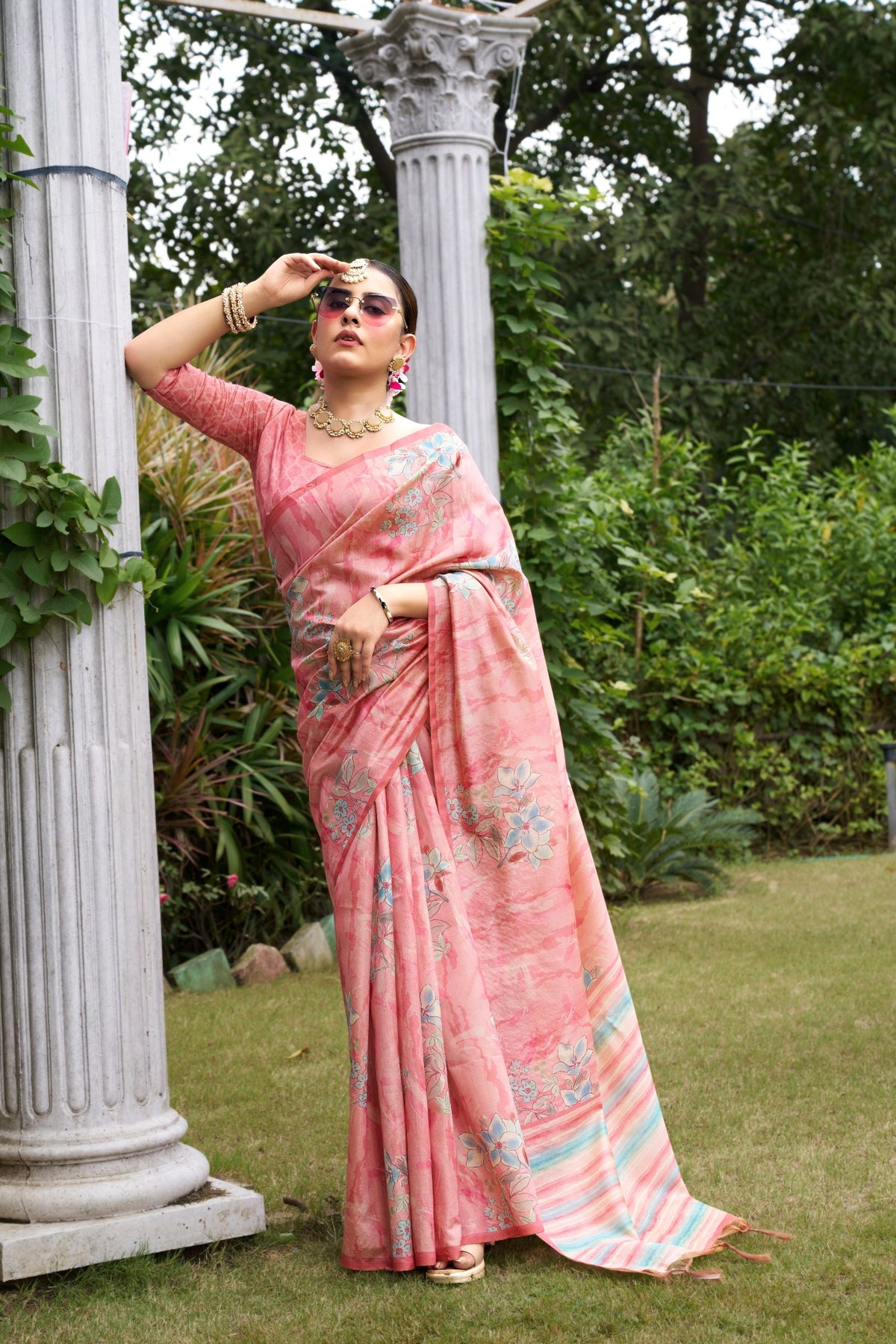 Coral Tussar Silk Zari Line Saree, view 2