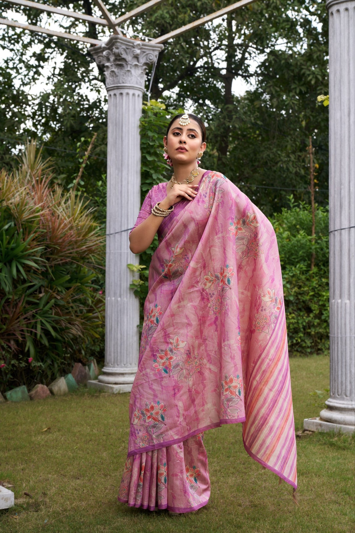 Rose Pink Tussar Silk Zari Line Saree, view 2