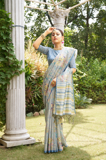 Powder Blue Tussar Silk Zari Line Saree