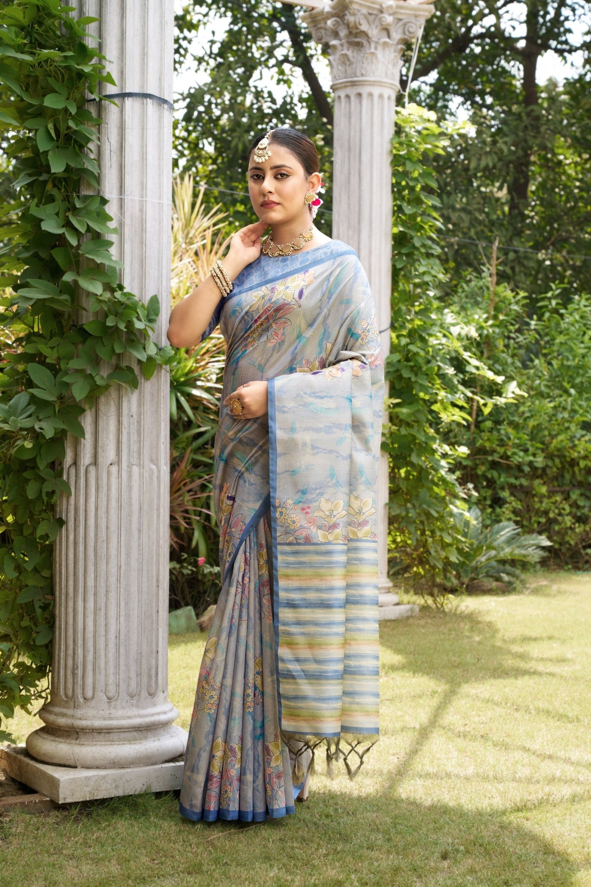 Powder Blue Tussar Silk Zari Line Saree, view 2
