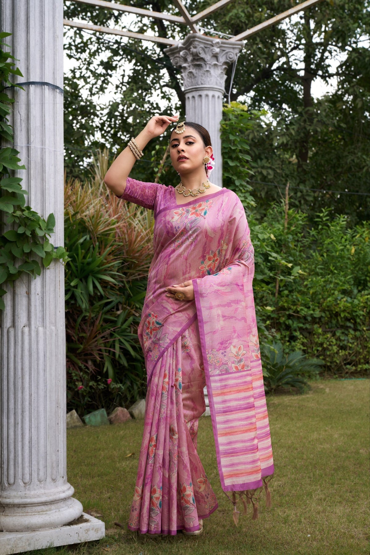 Rose Pink Tussar Silk Zari Line Saree, view 3