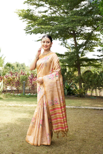 Mustard Tussar Silk Zari Line Saree