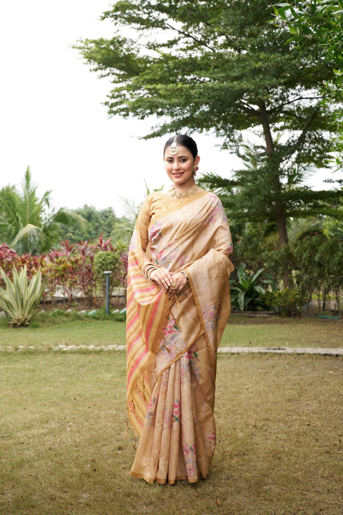 Mustard Tussar Silk Zari Line Saree