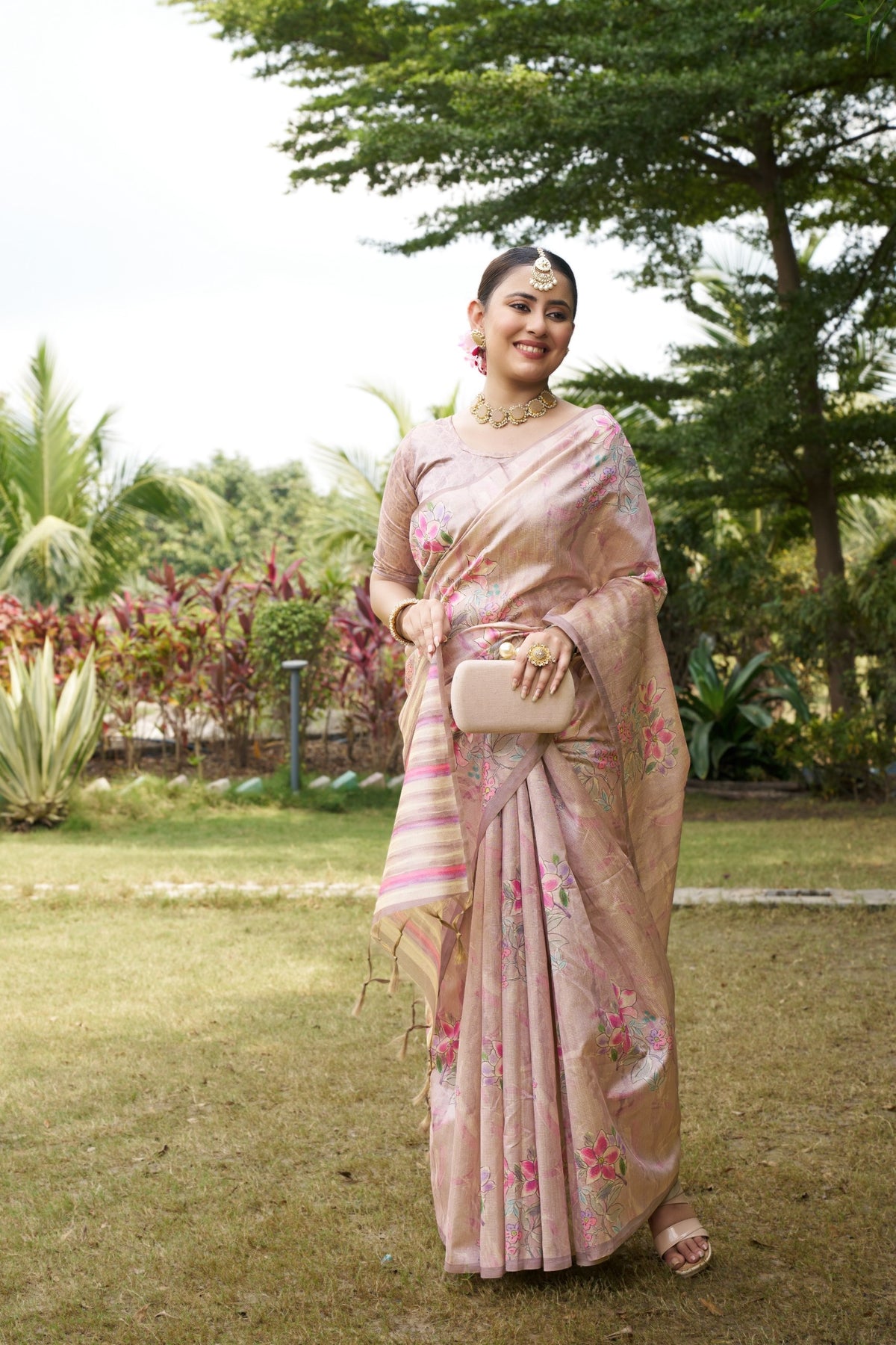 Blush Pink Tussar Silk Zari Line Saree