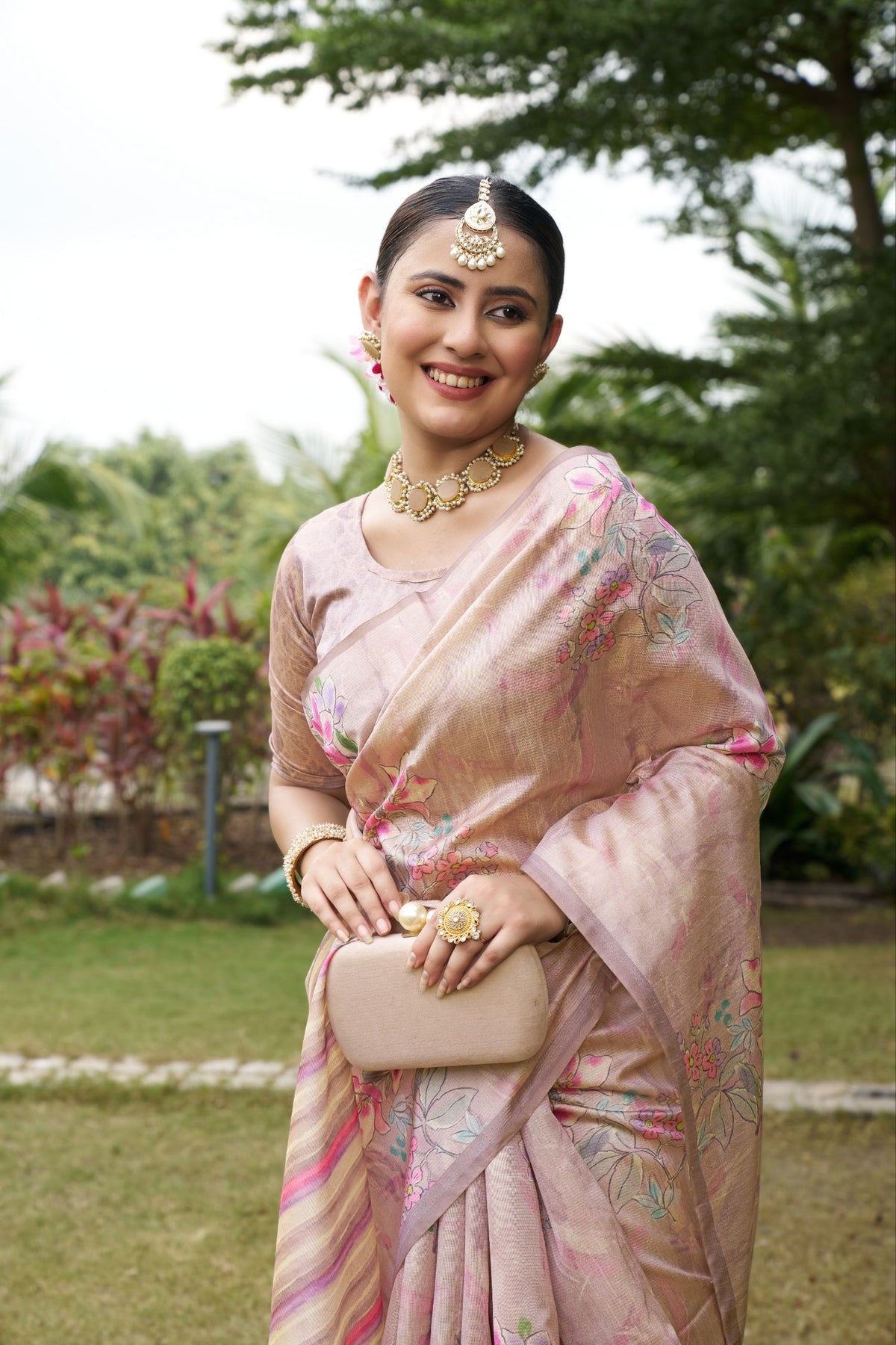Blush Pink Tussar Silk Zari Line Saree, view 2