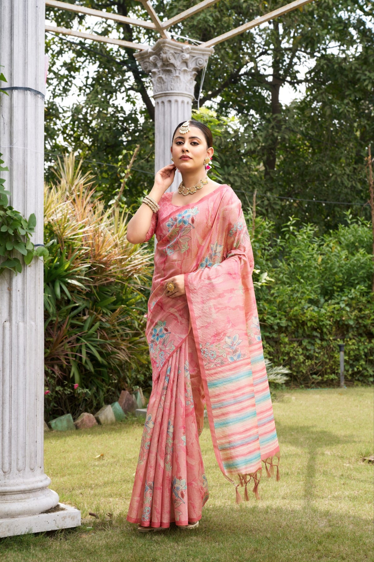 Coral Tussar Silk Zari Line Saree, view 4