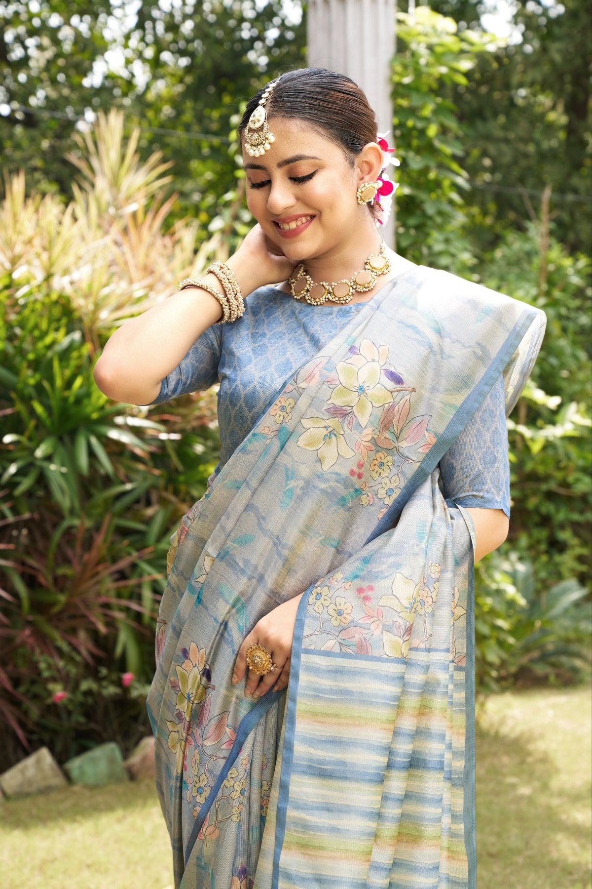 Powder Blue Tussar Silk Zari Line Saree, view 3