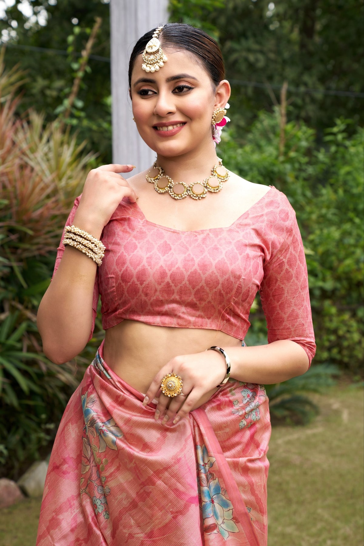 Coral Tussar Silk Zari Line Saree, view 5