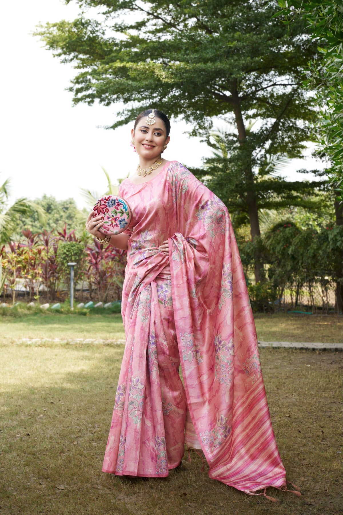 Rose Pink Tussar Silk Zari Line Saree, view 5