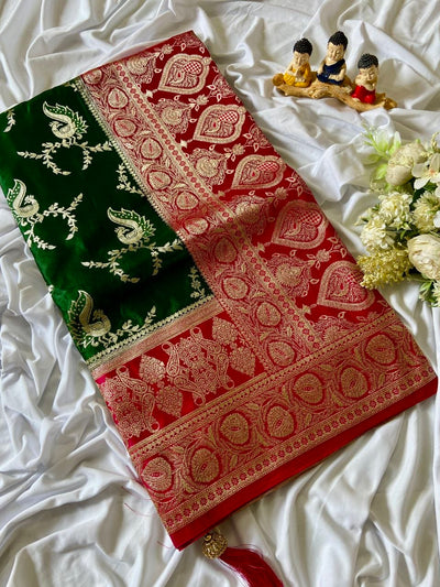 Bottle Green Banarasi Satin Silk Peacock Weave Saree