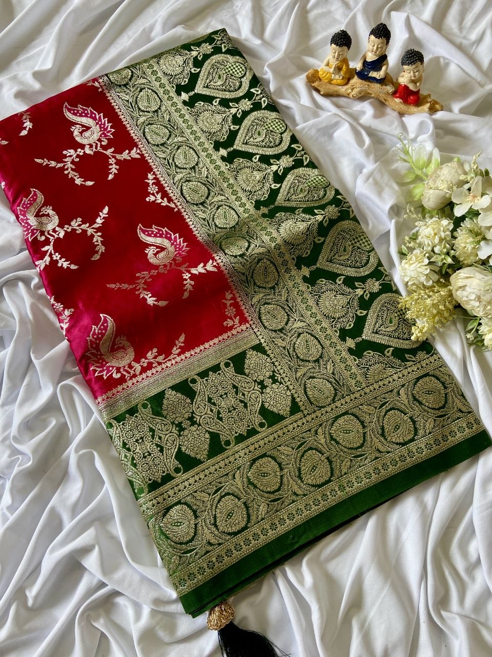 Red Banarasi Satin Silk Peacock Weave Saree