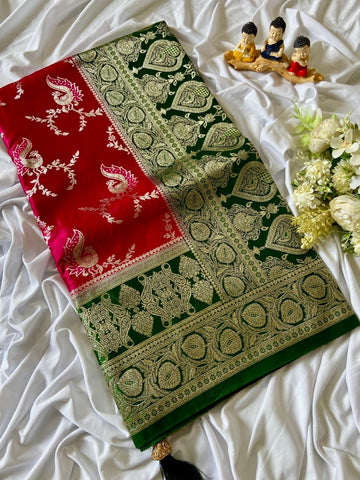 Red Banarasi Satin Silk Peacock Weave Saree