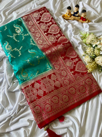 Turquoise Banarasi Satin Silk Peacock Weave Saree