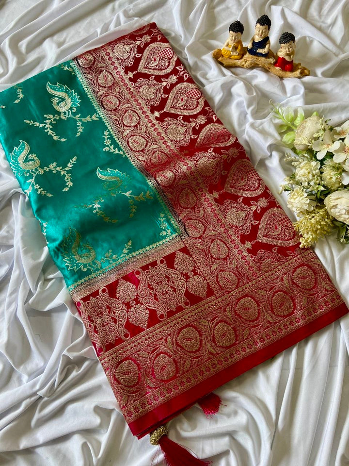 Turquoise Banarasi Satin Silk Peacock Weave Saree