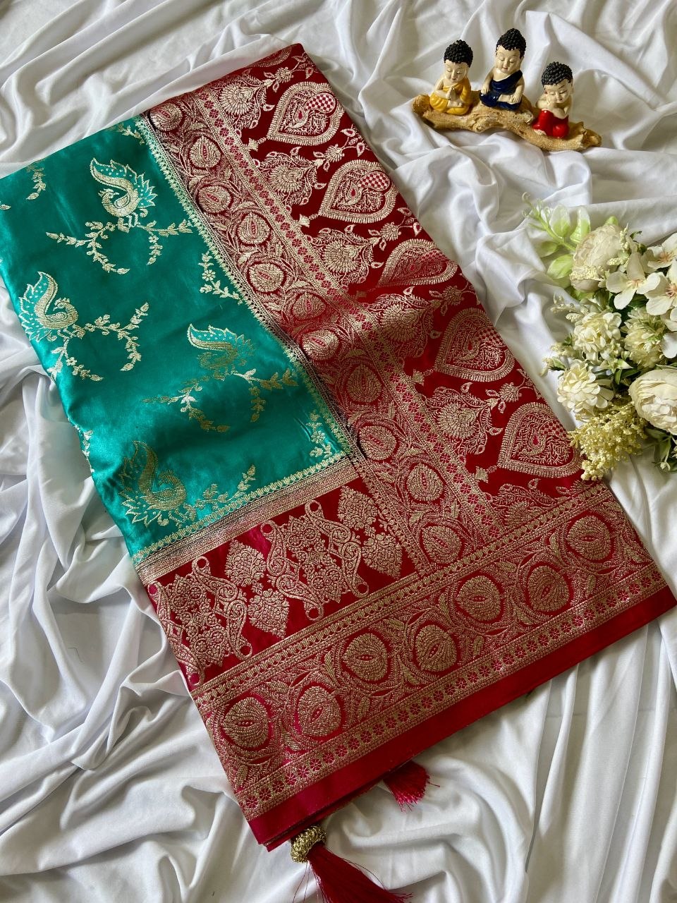 Turquoise Banarasi Satin Silk Peacock Weave Saree