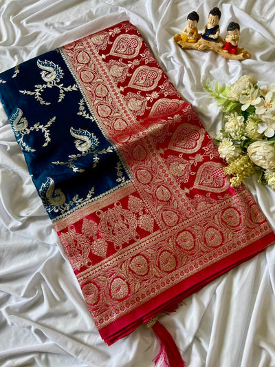 Navy Blue Banarasi Satin Silk Peacock Weave Saree