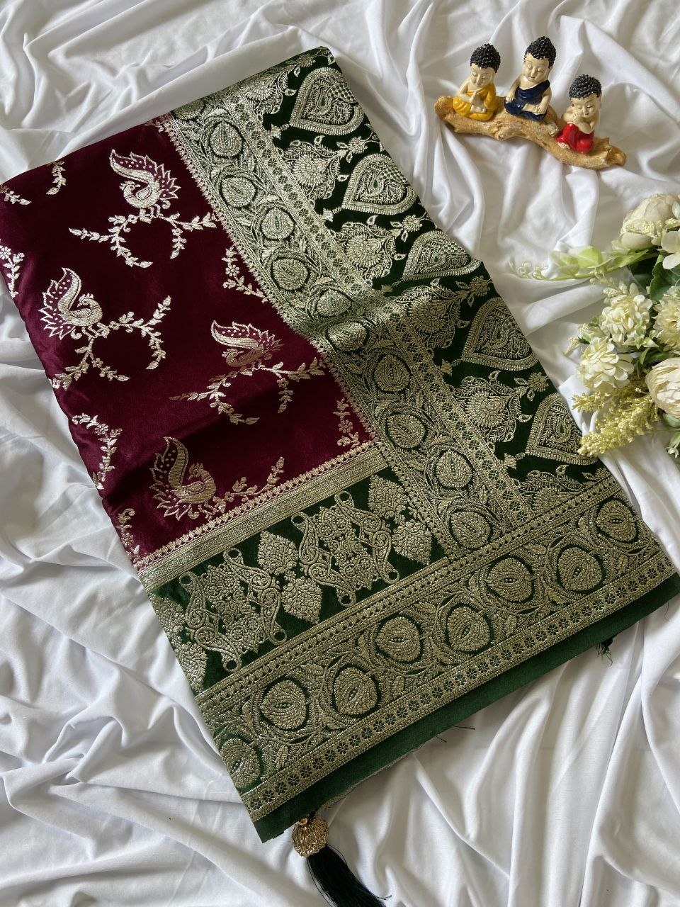 Wine Banarasi Satin Silk Peacock Weave Saree