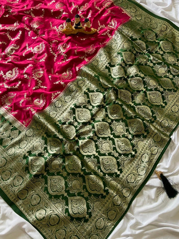 Rani Pink Banarasi Satin Silk Peacock Weave Saree