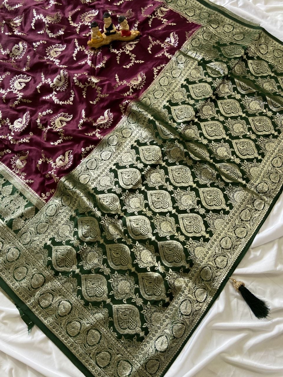 Wine Banarasi Satin Silk Peacock Weave Saree, view 2