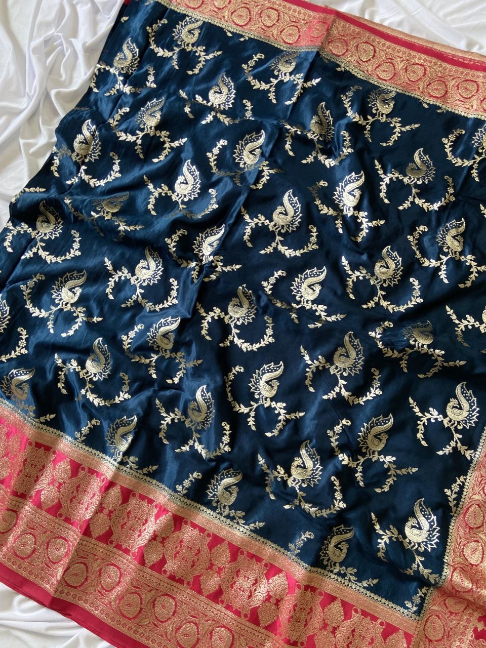Navy Blue Banarasi Satin Silk Peacock Weave Saree, view 3