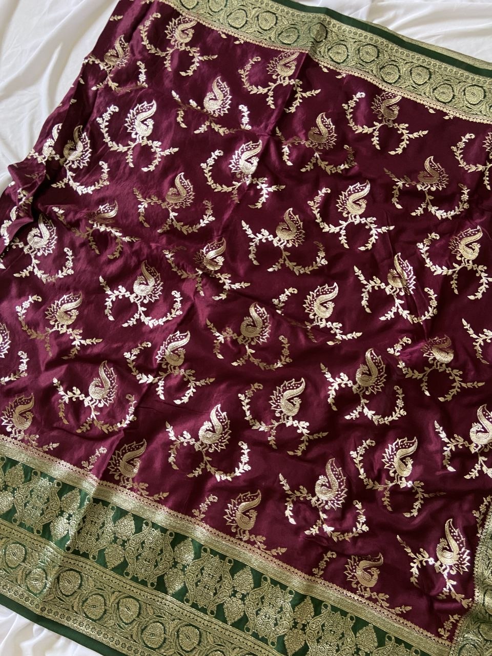 Wine Banarasi Satin Silk Peacock Weave Saree, view 3