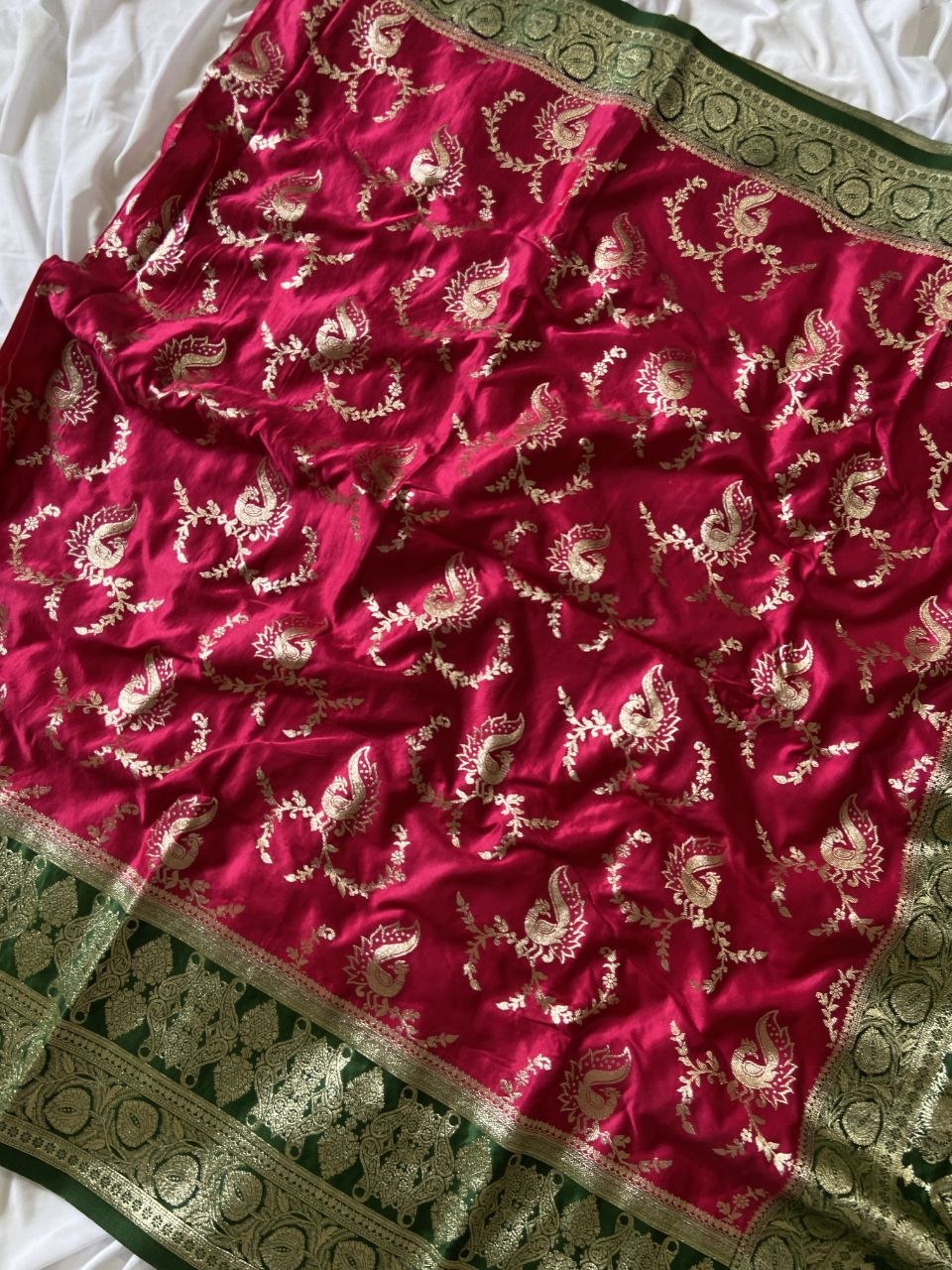Rani Pink Banarasi Satin Silk Peacock Weave Saree, view 2