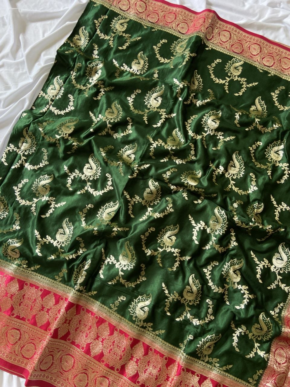Bottle Green Banarasi Satin Silk Peacock Weave Saree, view 3