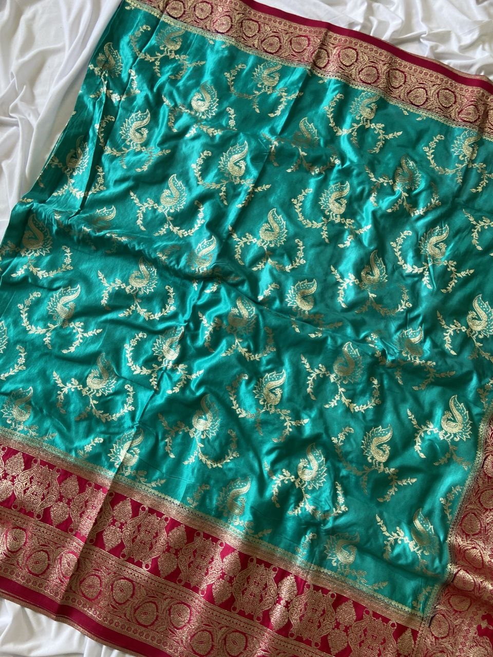 Turquoise Banarasi Satin Silk Peacock Weave Saree, view 3