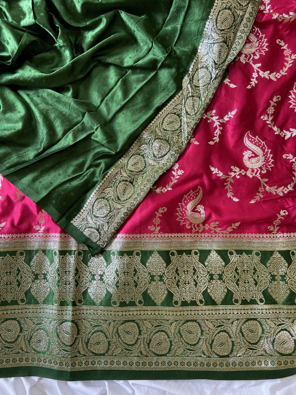 Bottle Green Banarasi Satin Silk Peacock Weave Saree, view 4