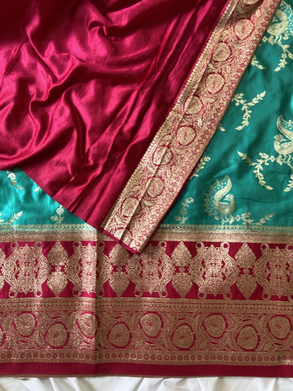 Red Banarasi Satin Silk Peacock Weave Saree, view 2