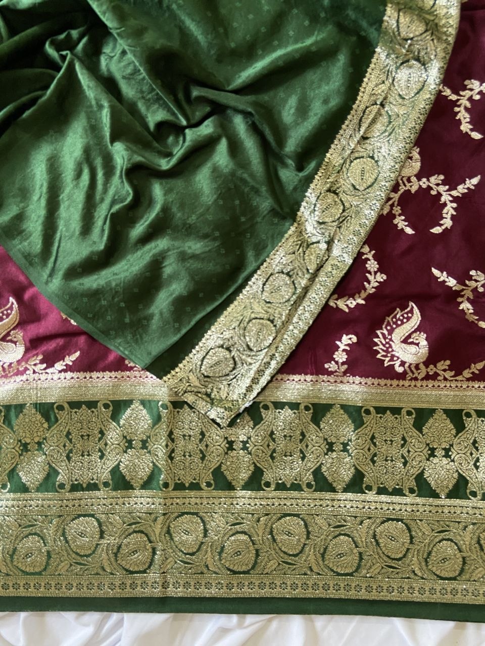 Wine Banarasi Satin Silk Peacock Weave Saree, view 4