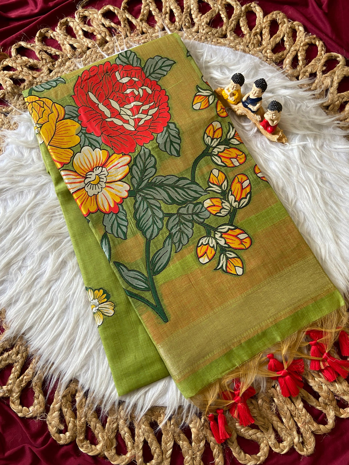 Parrot Green Muga Cotton Floral Pallu Saree