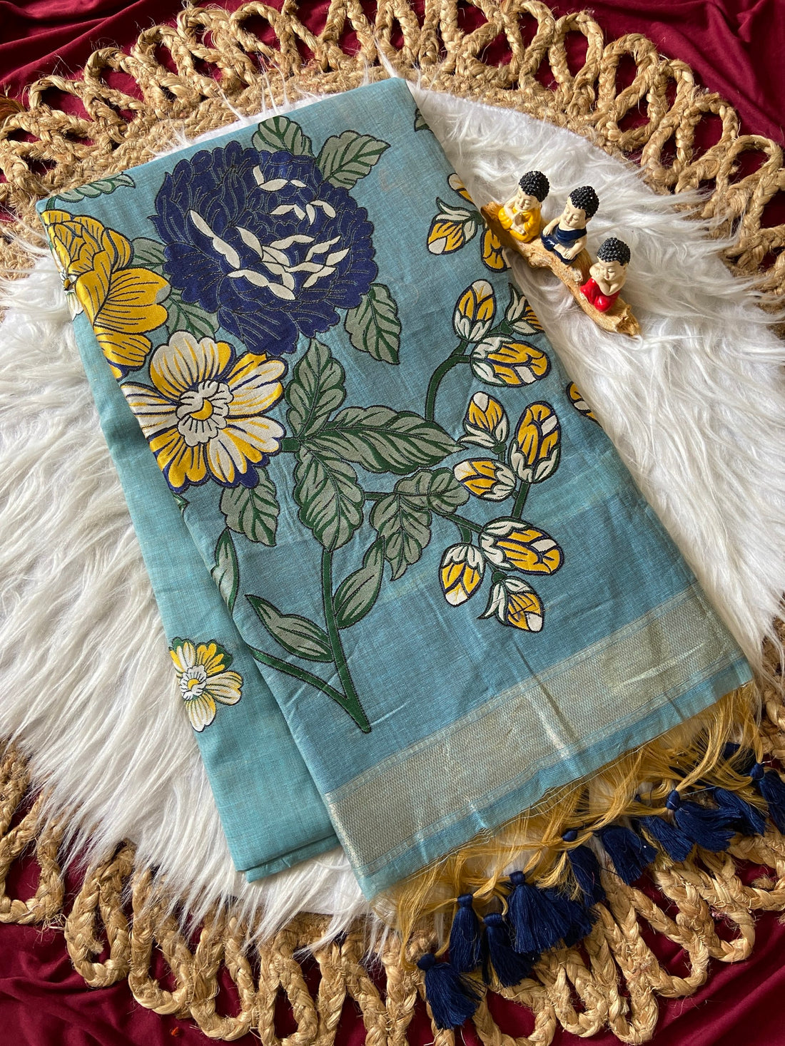 Sky Blue Muga Cotton Floral Pallu Saree