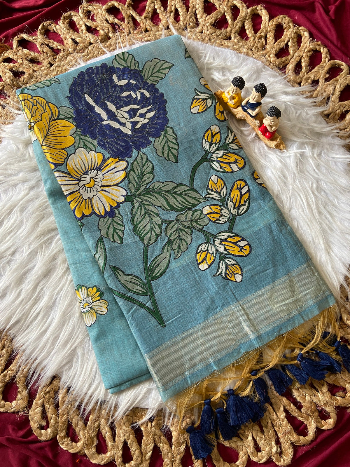 Sky Blue Muga Cotton Floral Pallu Saree