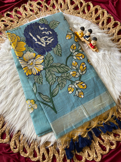 Sky Blue Muga Cotton Floral Pallu Saree